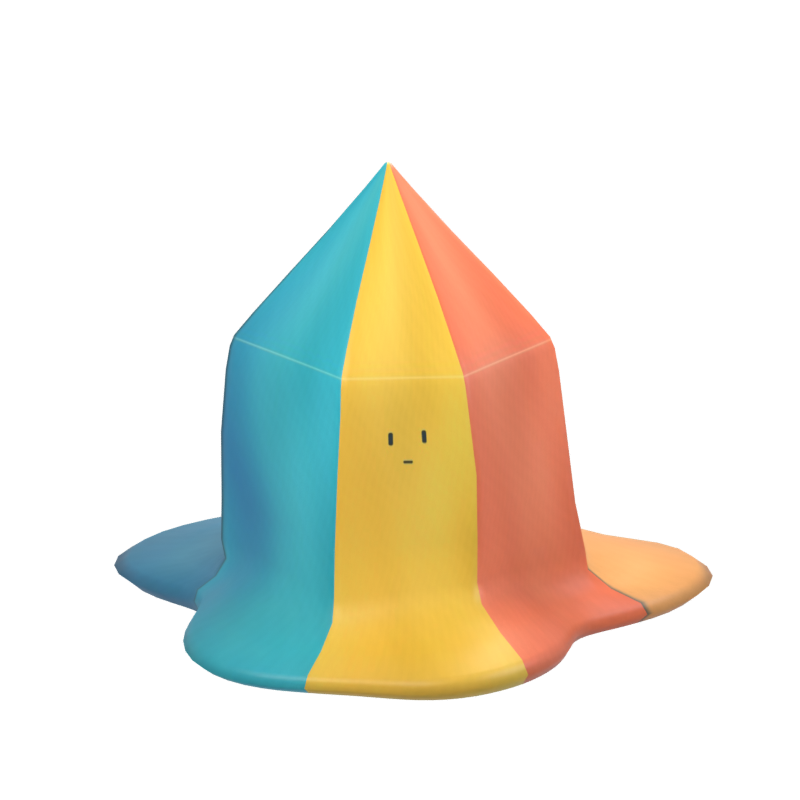 Photon, a melting prism in cyan, sunshine yellow and coral, with a tiny curious face.