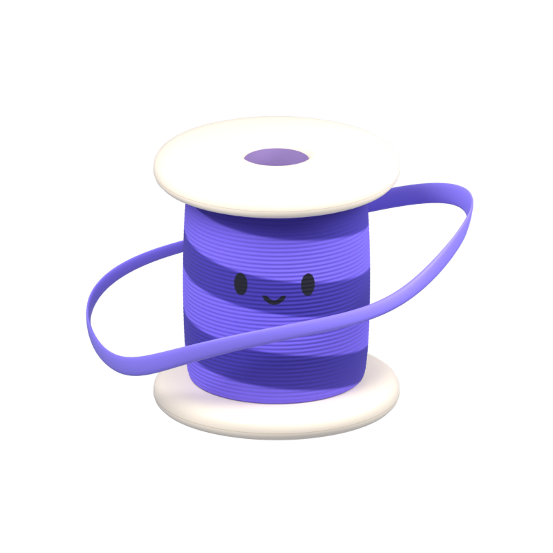 Spindle, a violet spool of thread with a smiling face and a looping ribbon.